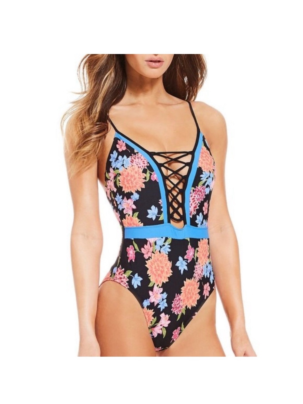 NWT GB Gianni Bini one piece floral lace-up front detail